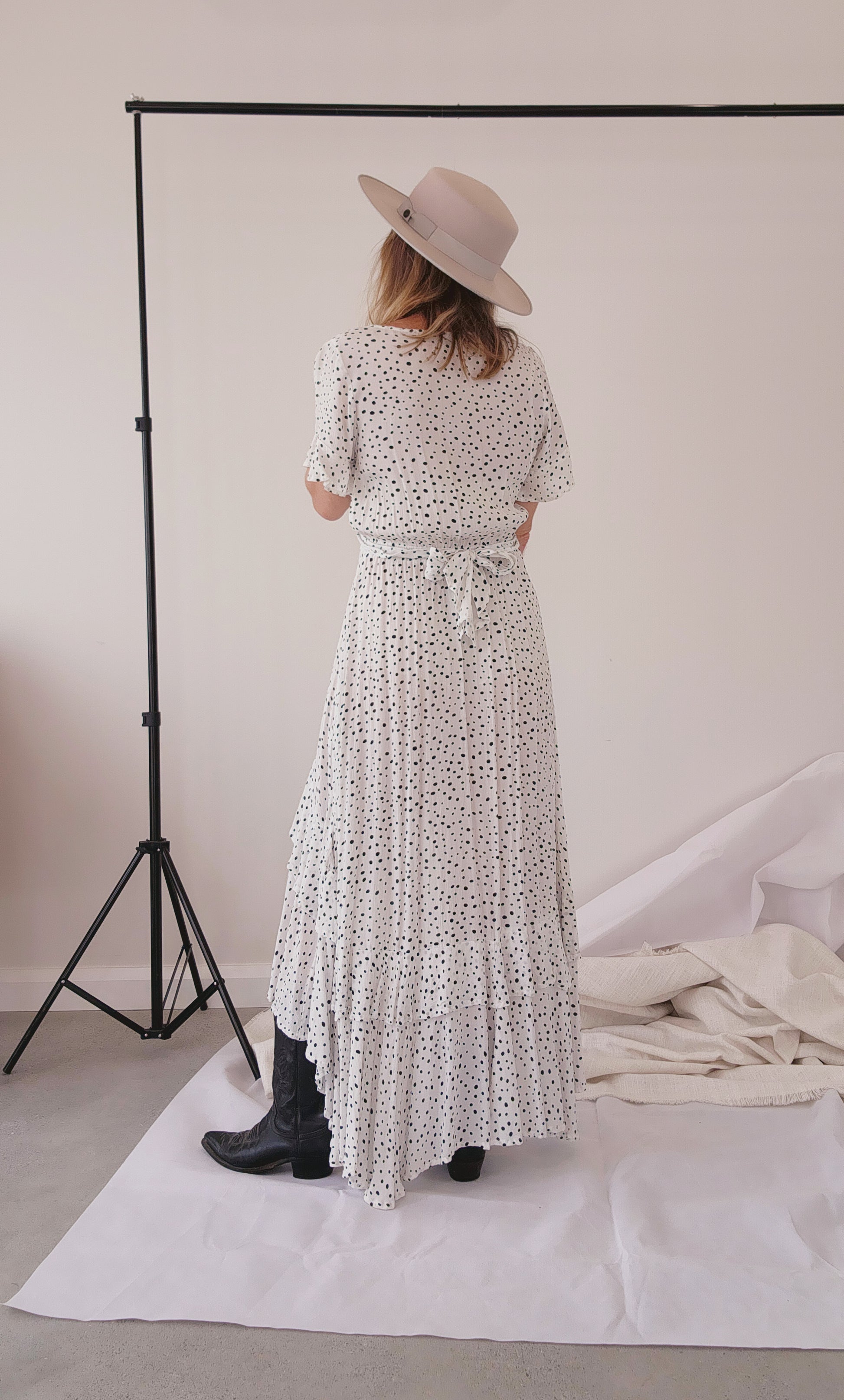 Back view of Kivari bohemian style tie front dress in dalmatian print. High low style with frill sleeves and hemline. Size XS available online at Wilsonavenue.au