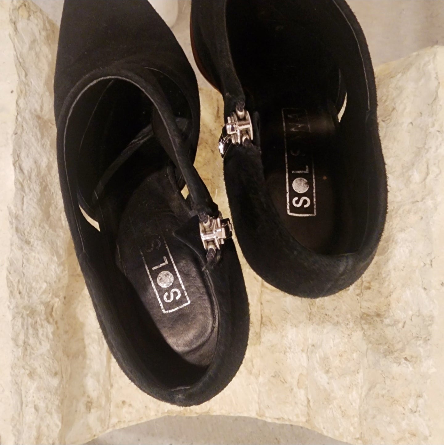 Sol Sana cut out boots in black suede, top view showing brand and zip.