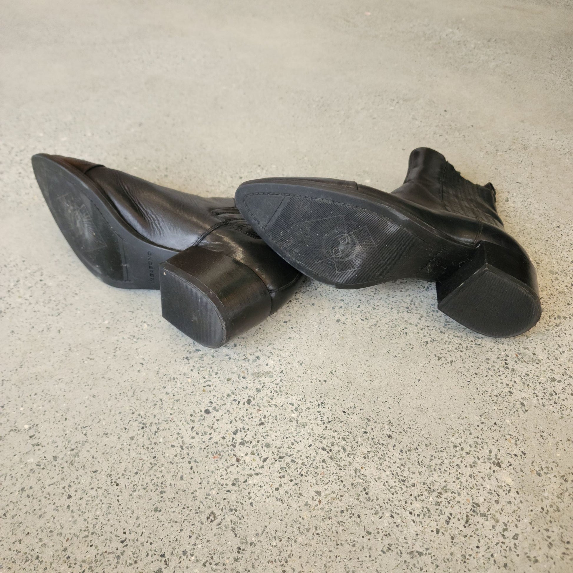 Underside view of both boots showing sole and heel wear.