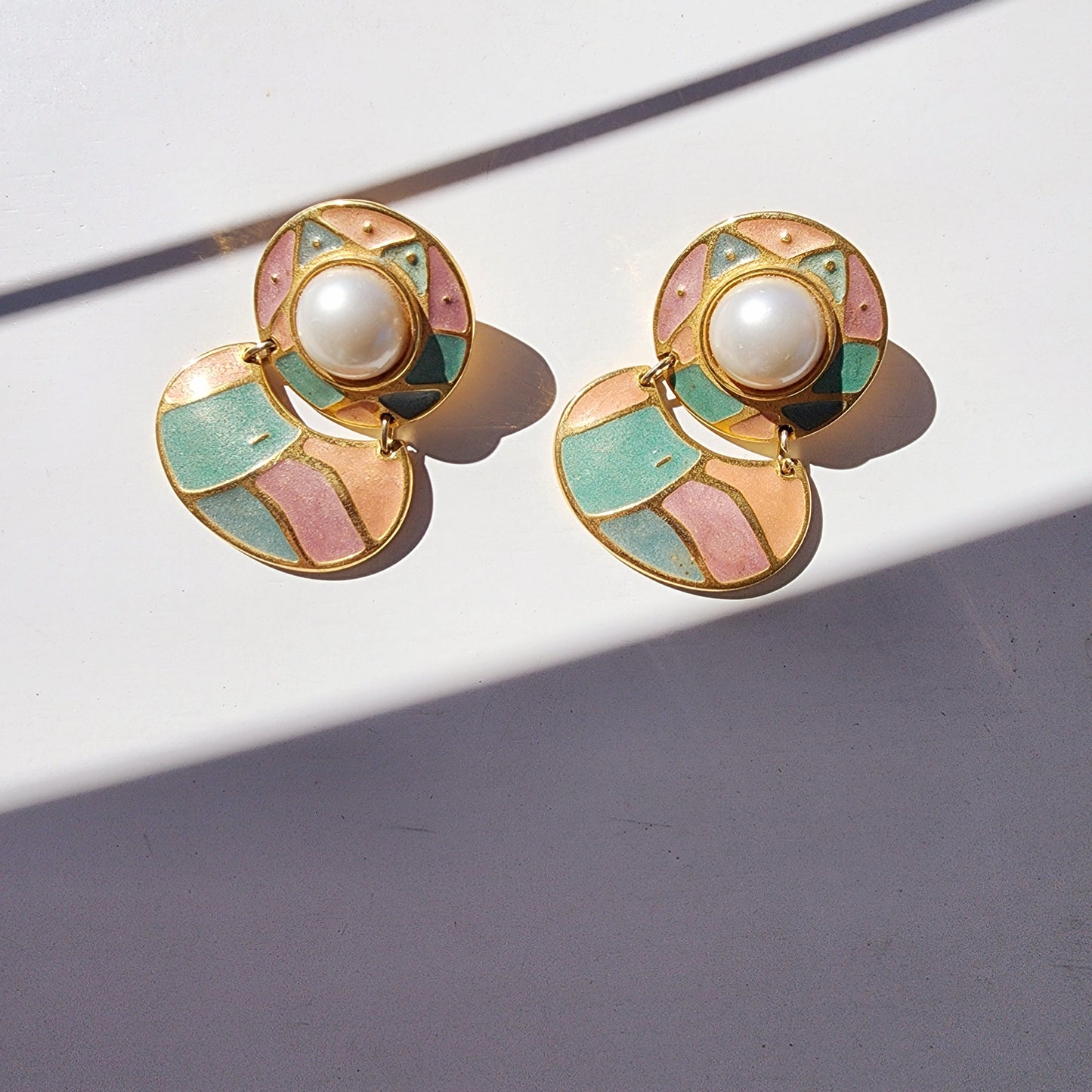 Vintage Berebi earrings with pearl center and pastel enamel mosaic on gold setting.