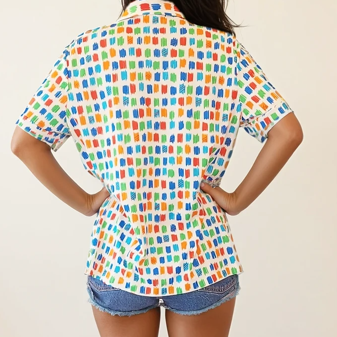 Back view of vintage Sears short-sleeve shirt showing full multicolor print and relaxed fit.