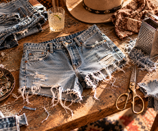 DIY denim cut-off shorts with scissors, a grater and sewing supplies arranged on a rustic bench.