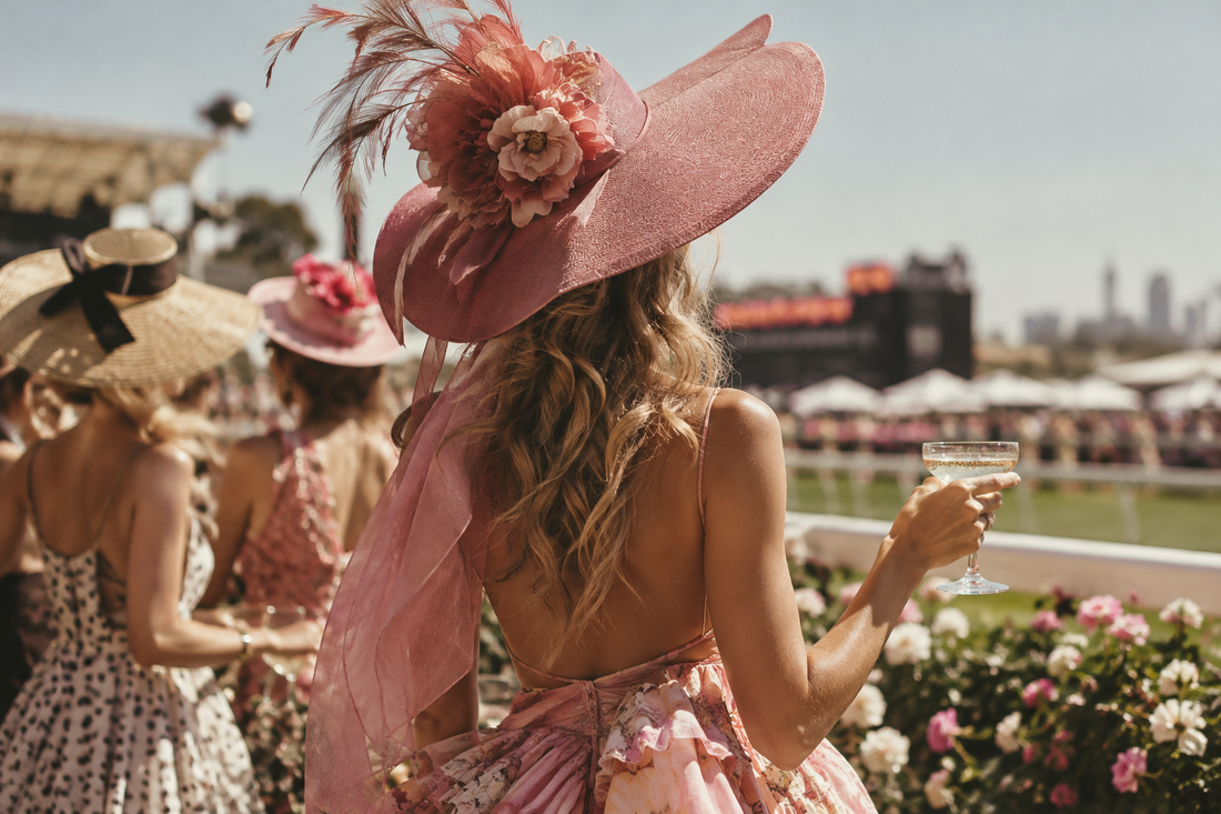 Woman wearing an oversized pink floral hat with feathers and a floral dress at a sunny race-day event, holding a champagne glass.