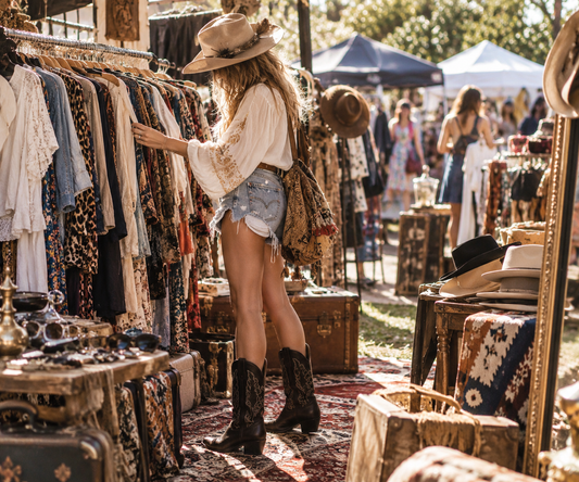 Woman wearing cowboy boots and denim shorts browsing clothing at an outdoor vintage market.