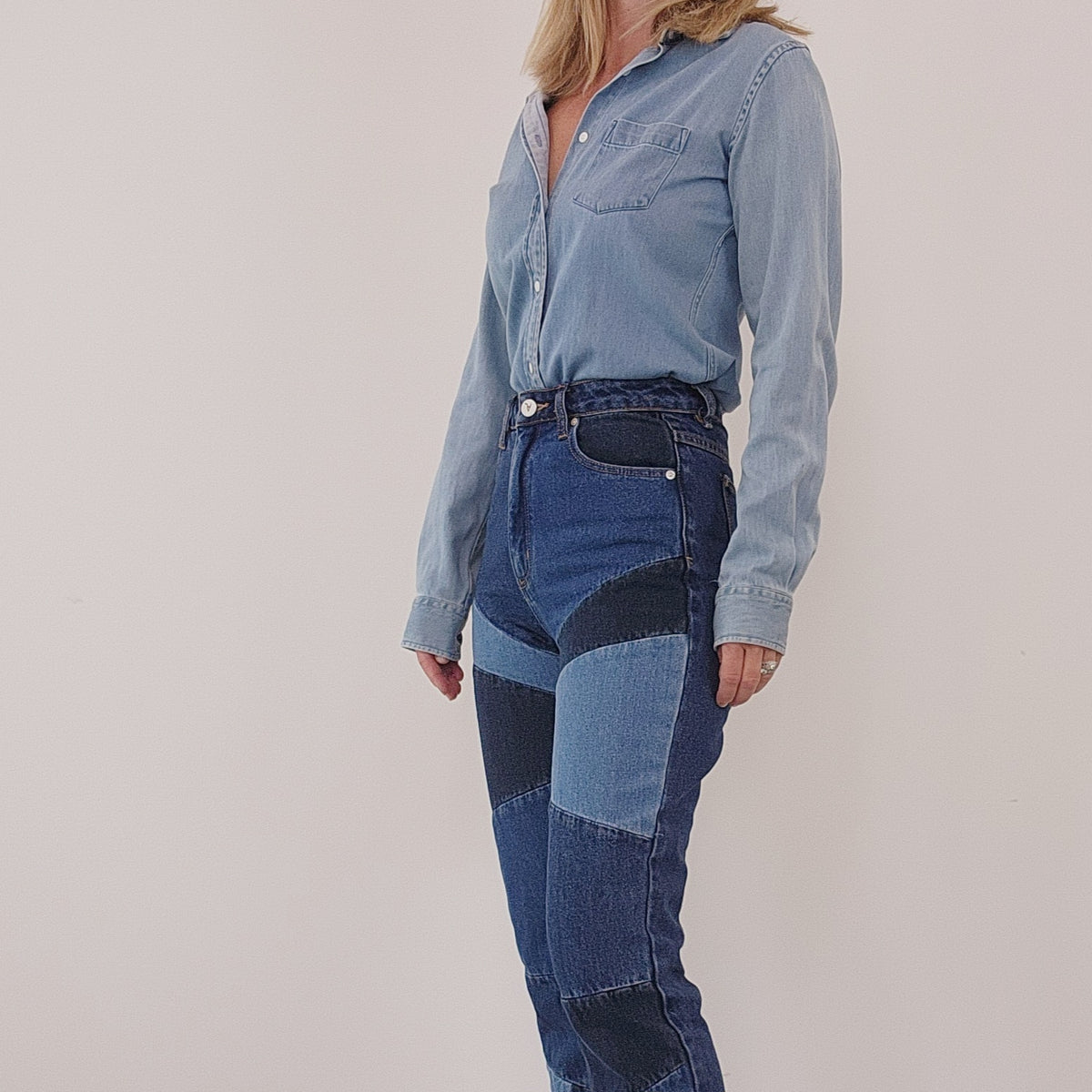 High waisted blue denim patchwork jeans by Abrand jeans