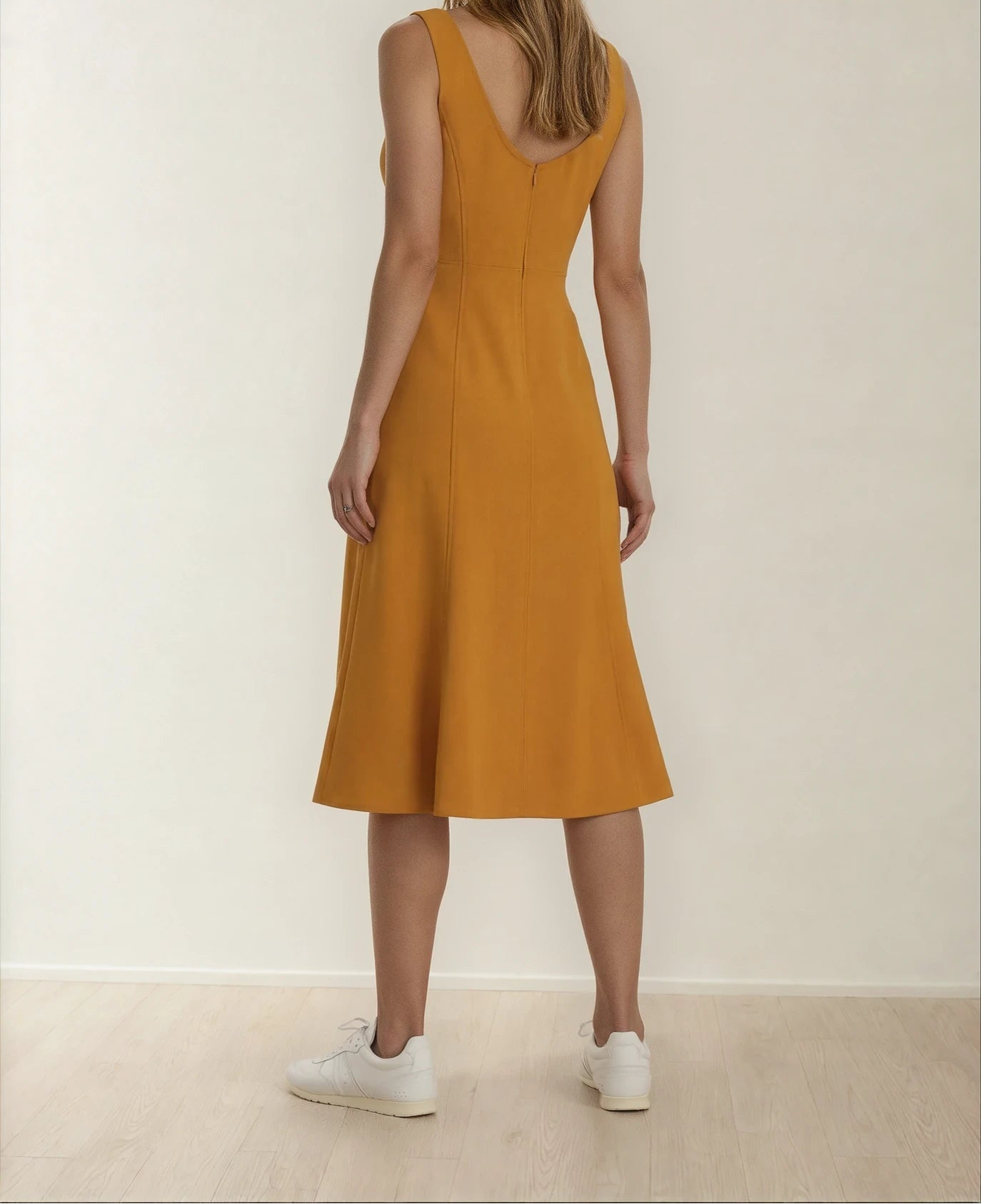 Back view of the ALC Sander Dress showing the simple A-line style and honey colour.