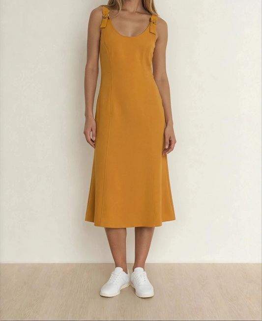 Front view of the ALC Sander Dress is Honey, showing the midi length and A-Line fall of the dress