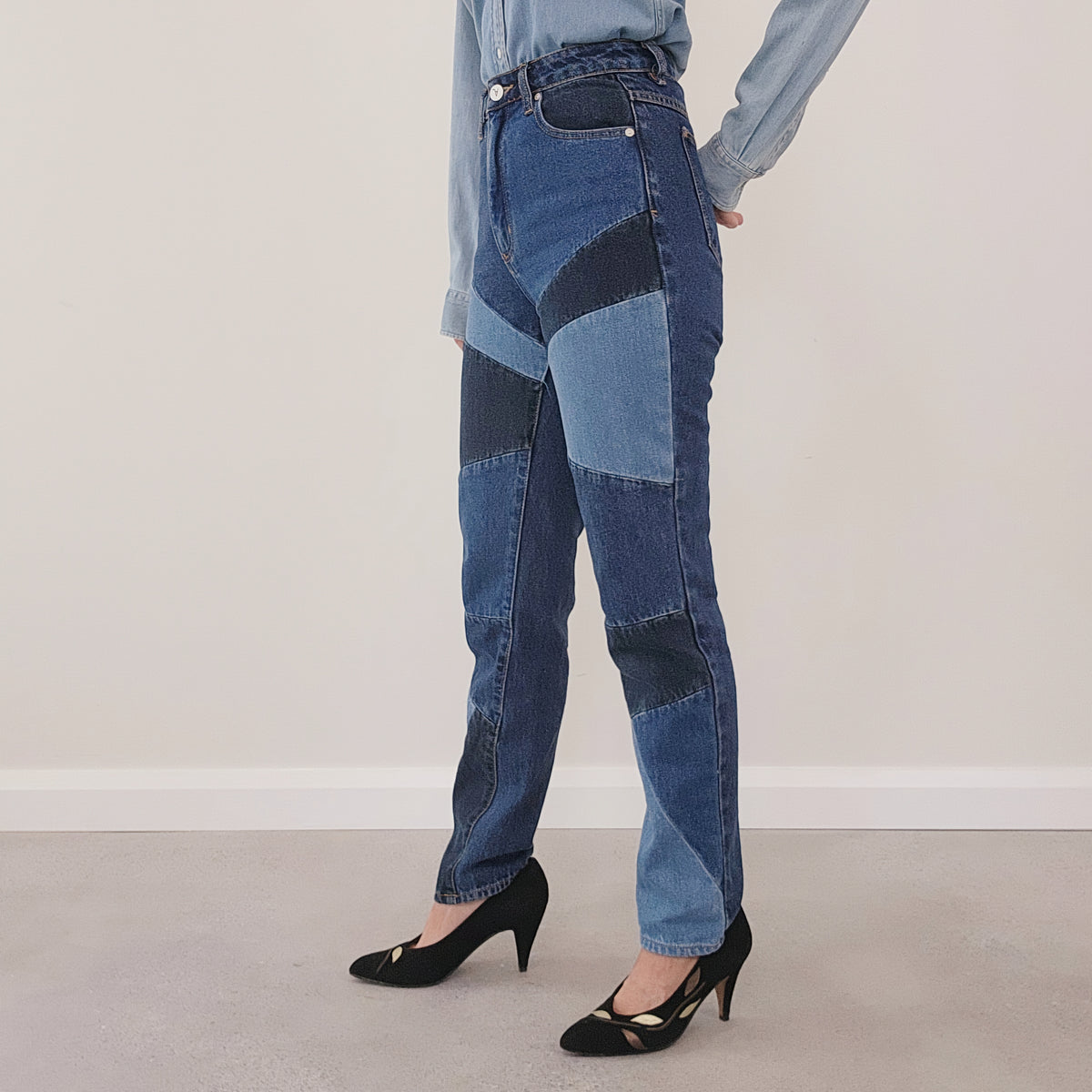 Blue patchwork front jeans by Abrand denim