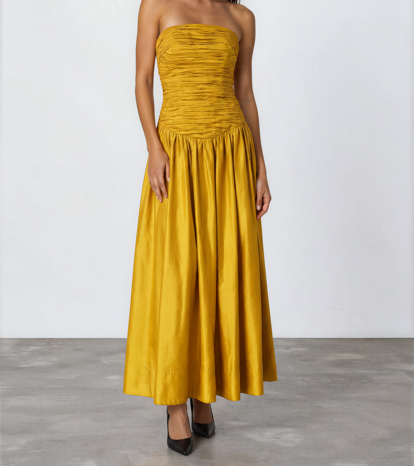 Mustard yellow Aje Marigold strapless maxi dress with ruched bodice and full skirt