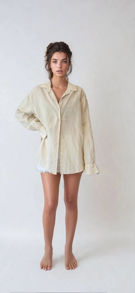 Creamy beige Assembly Label linen button-up shirt with relaxed fit and long sleeves, ideal for festival layering or everyday boho style. Size 10