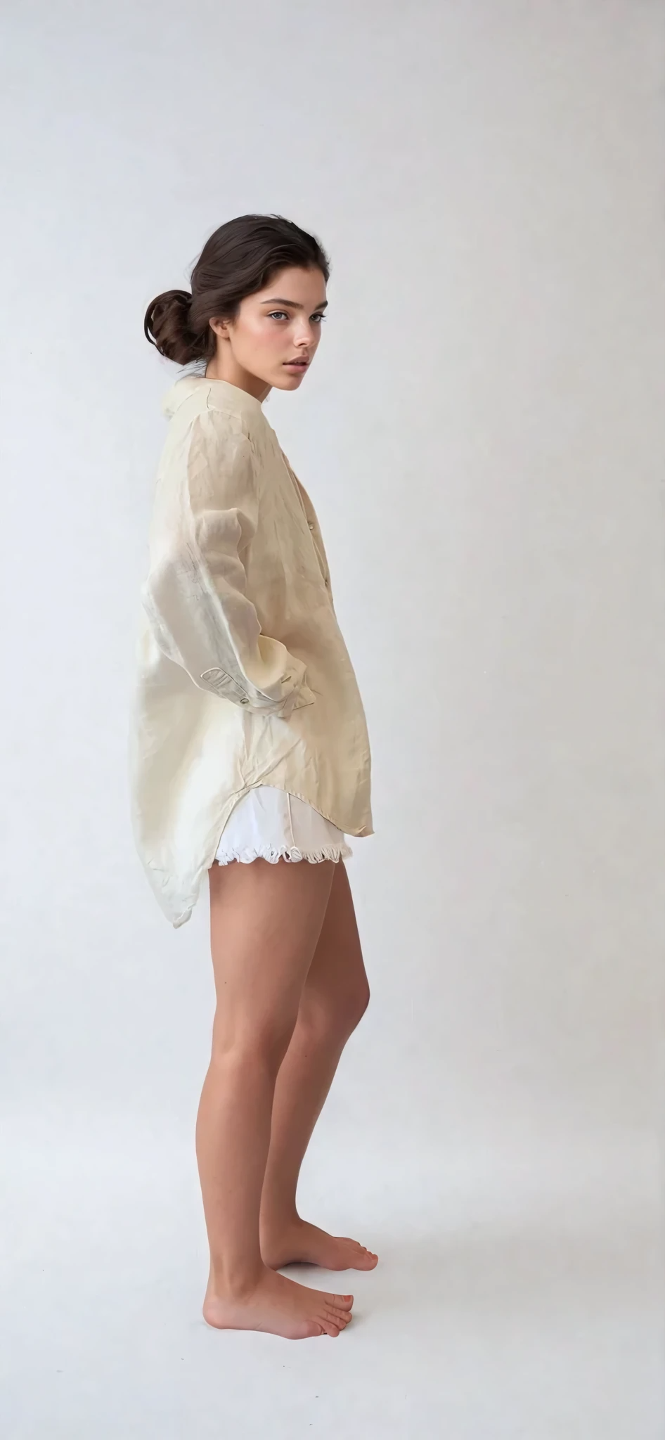 Side view Model wearing a beige linen long-sleeved shirt by Assembly Label, buttoned up for a relaxed minimalist look