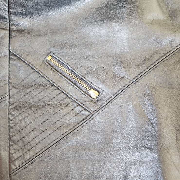 Black leather paneled high rise zip up shorts, with side pockets and front pocket, ready for a rockstar online now in a 6 at wilsonavenue.au
