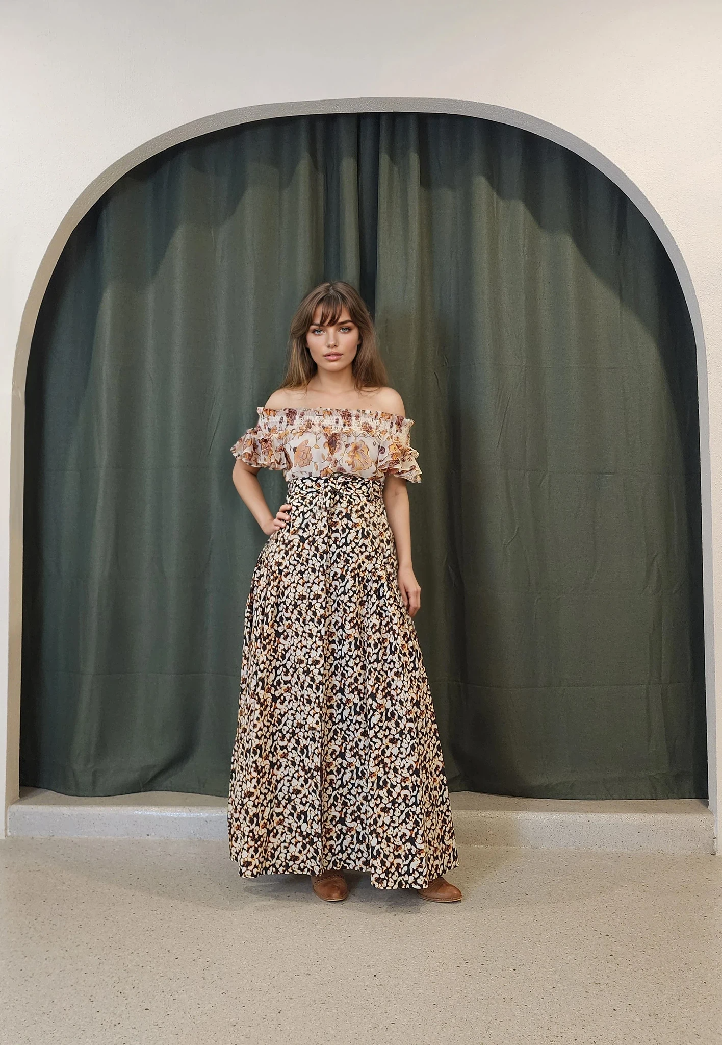 Front view of Camilla & Marc Willow skirt, showing the soft A-line style and high waist. Styles with the Shona Joy Baez mini dress.