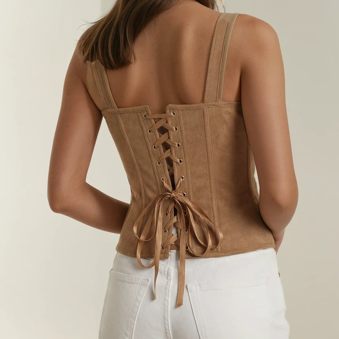 Image showing the back of the Charmian Renaissance light brown Corset, showing the eyelet and tie detail.