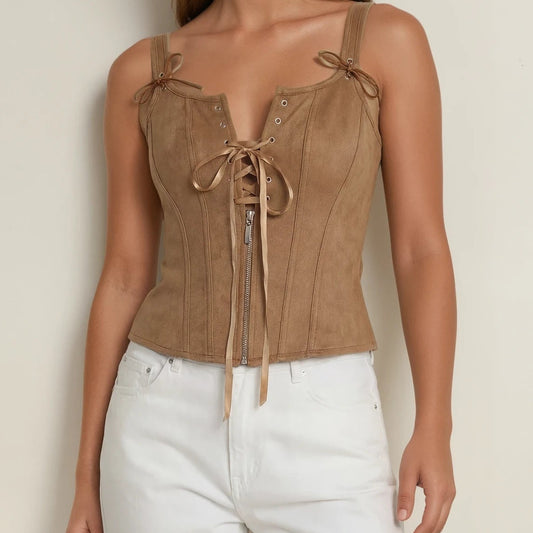 Image showing the Charmian Renaissance light brown Corset, showing the zip and  tie front