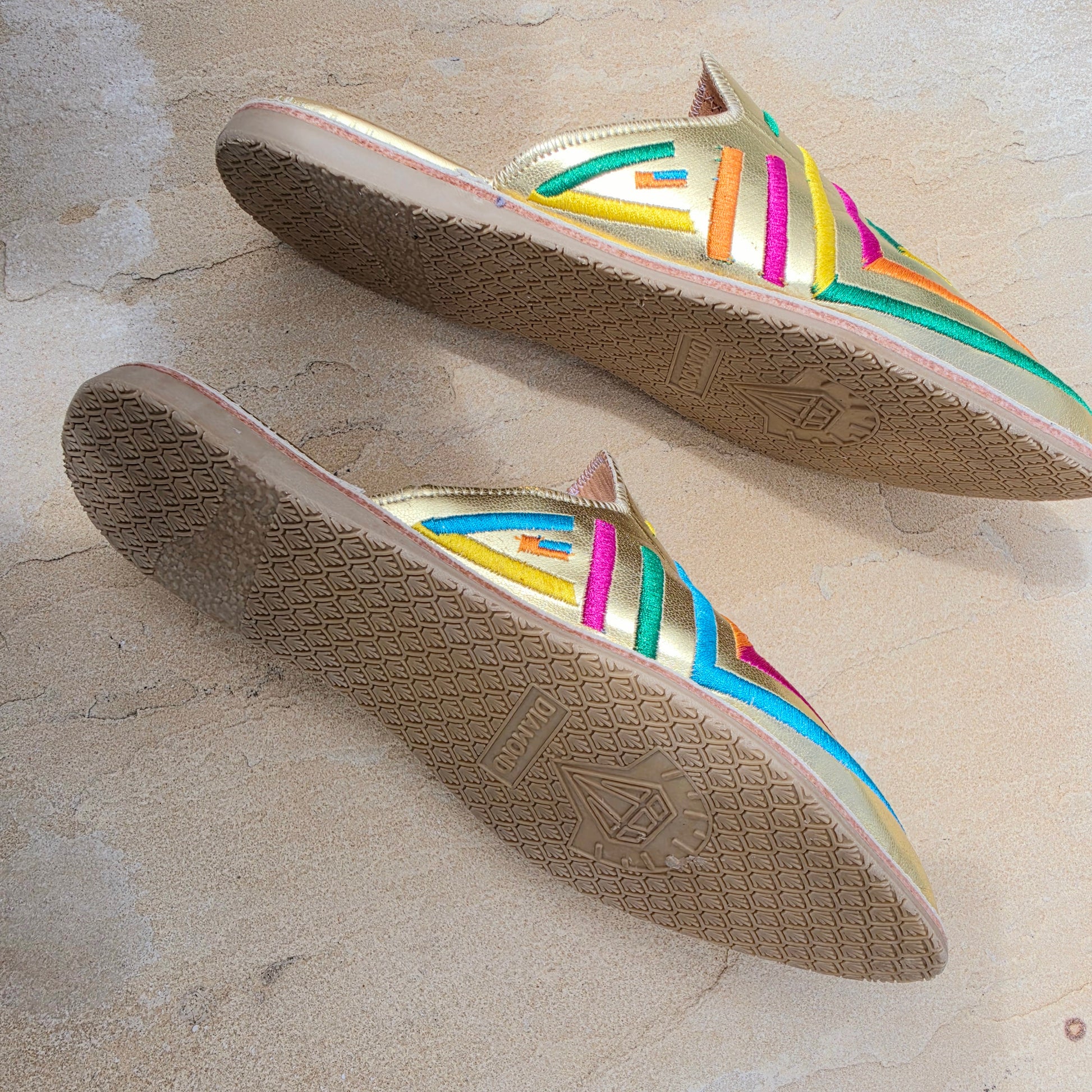 Image showing the side view of colourful embroidered Moroccan inspired Diamond brand slides.
