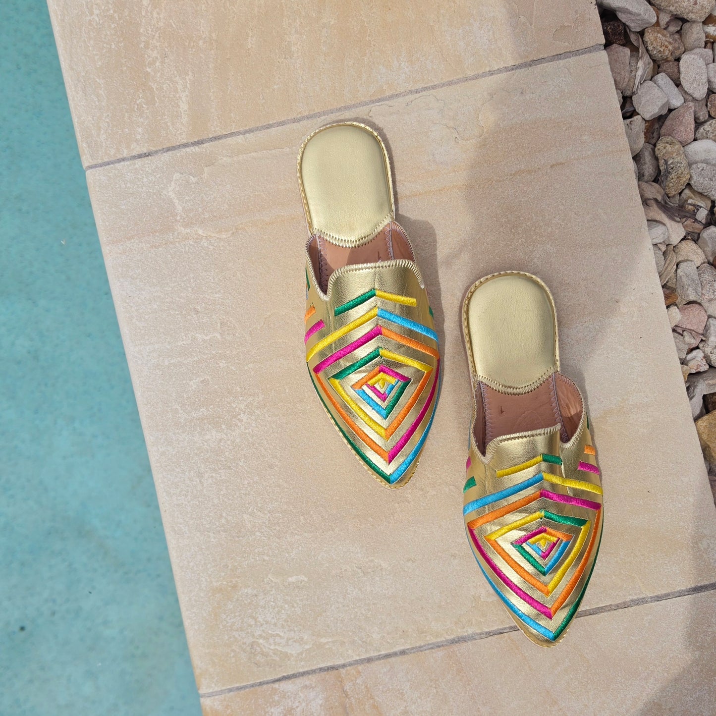 Image showing the colourful embroidered Moroccan inspired Diamond brand slides.