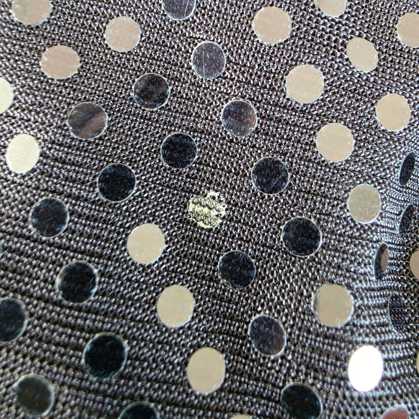 Close up view of the micro dots on the E Sensual midi dress, showing the missing middle spot and light scuffing.