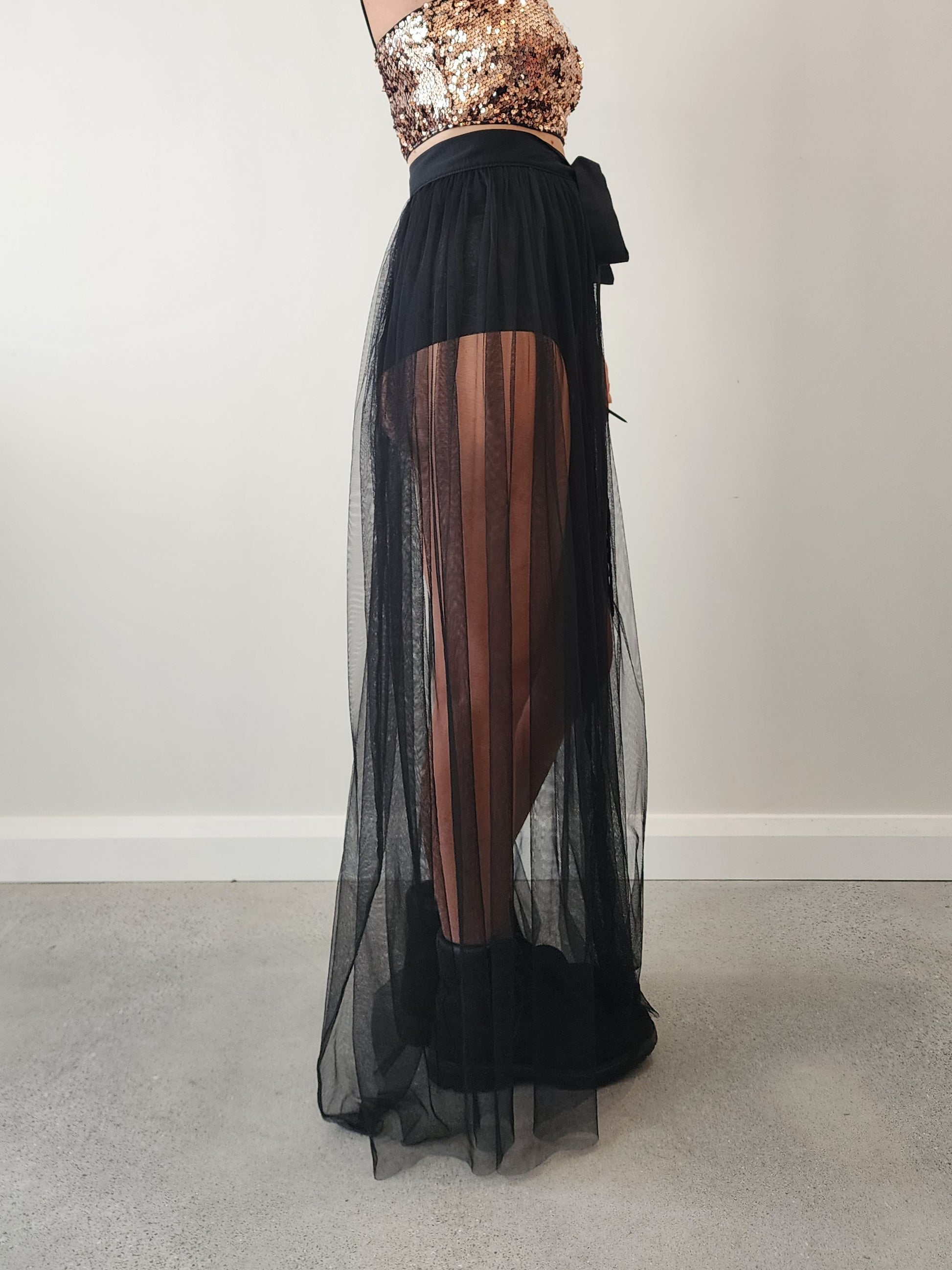 Black tulle Honey Birdette tie maxi skirt O/S