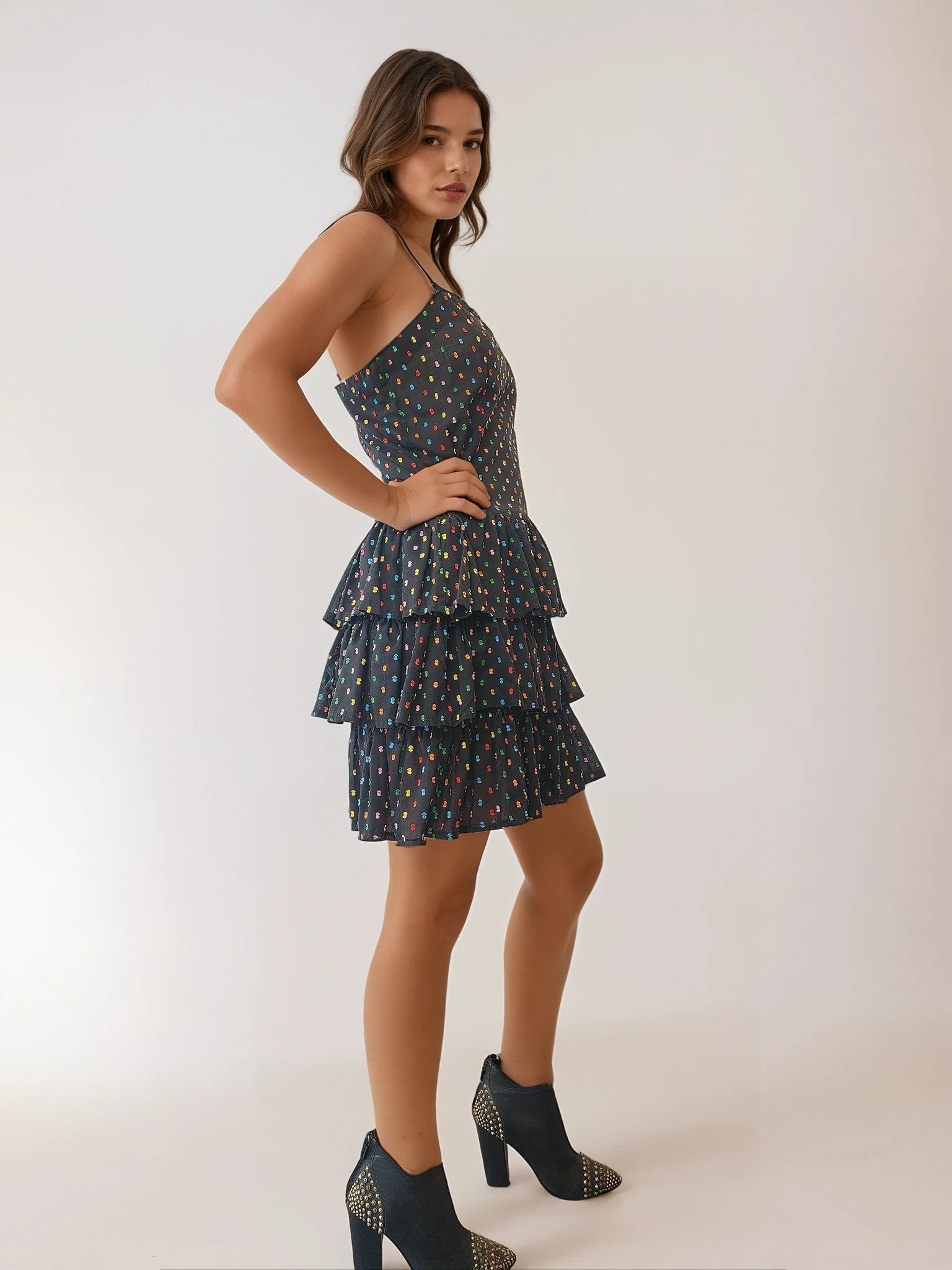 Jungle Jap Vintage mini dress with embroidered colourful spots. size 8-10