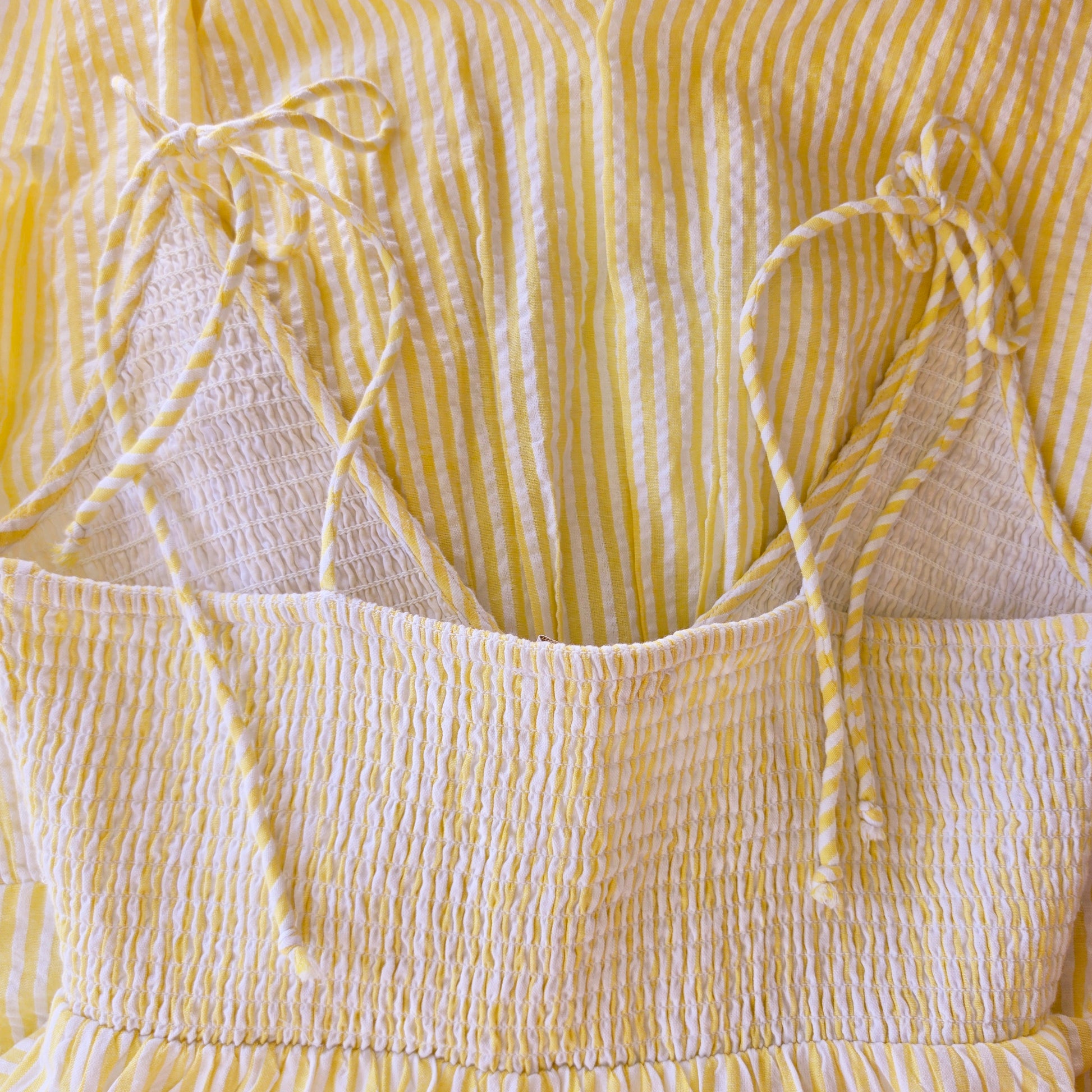 Back view of the La Maison Talulah Layla Dress, showing the back ruched detail, tie straps and fresh yellow and white stripes.