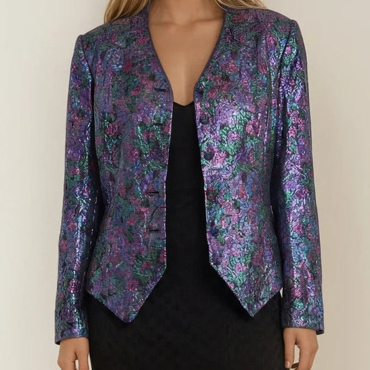 Model wearing the Vintage Liz Davenport blazer, showing the iridescent blue, purple and pink colours and the button front.