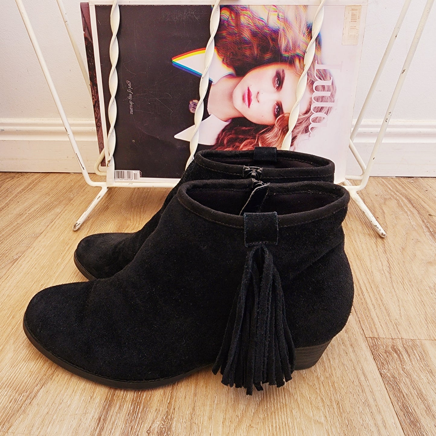 Black fringe western style fringe ankle boots