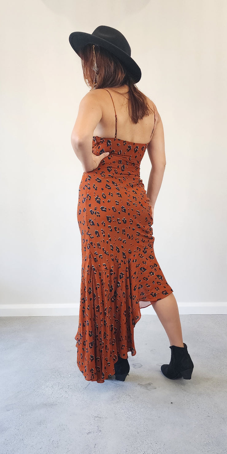 Secondhand Nicholas leopard slip dress in rust, size 12