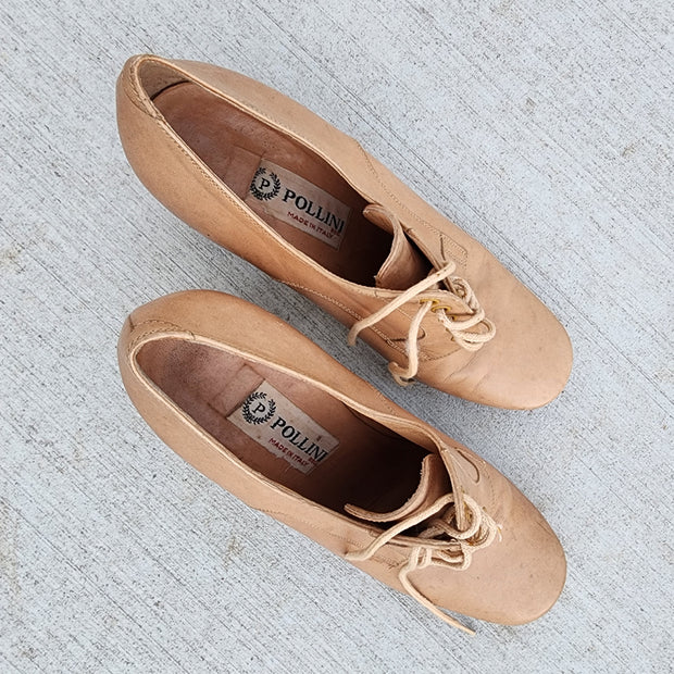 Vintage Pollini Italy Oxford Heels, in a light tan leather with brown block heels. Size 37.5eur available online at wilsonavenue.au