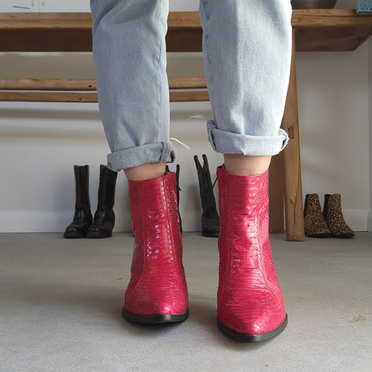 Red snakeskin ankle boots, with a zip up side online at WIlsonavenue.au