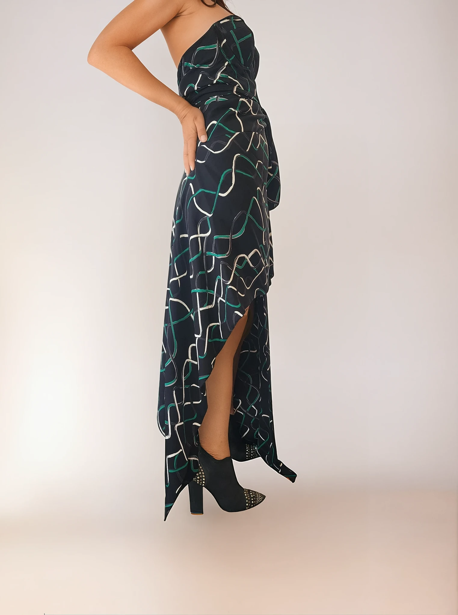 Side view of Sass & Bide streamers dress 8. Excellent worn condition available online now at Wilson Avenue
