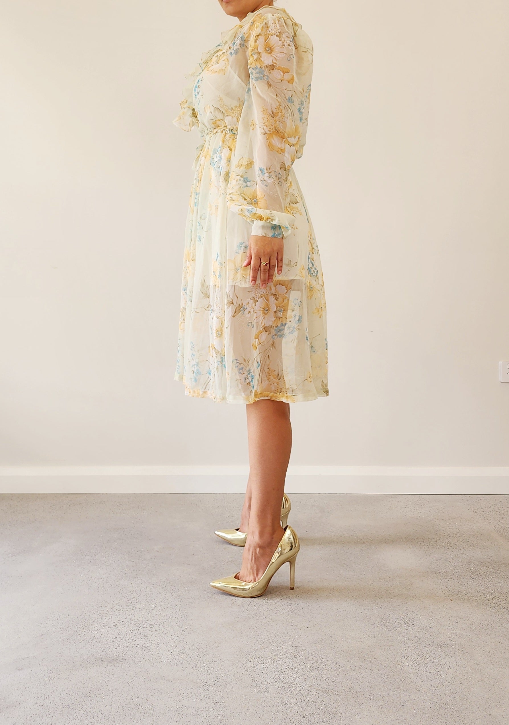 Vintage 1970's Sheer Floral Dress in beige, with blue and peachy coloured flowers. Size medium 10-12