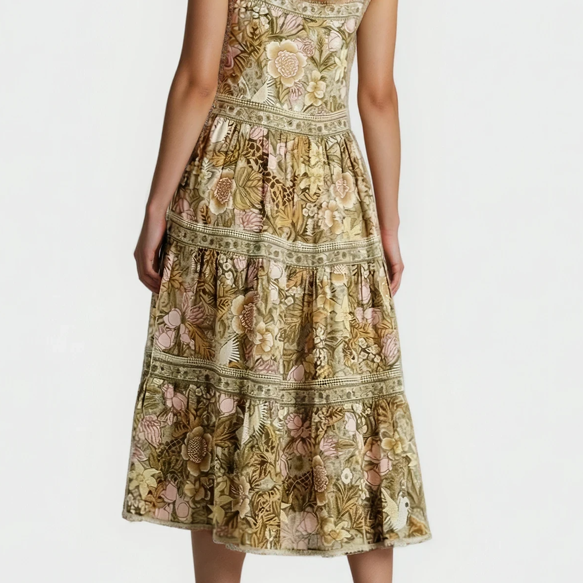Back view of model wearing the Spell Jungle midi dress with floral botanical print and tiered silhouette
