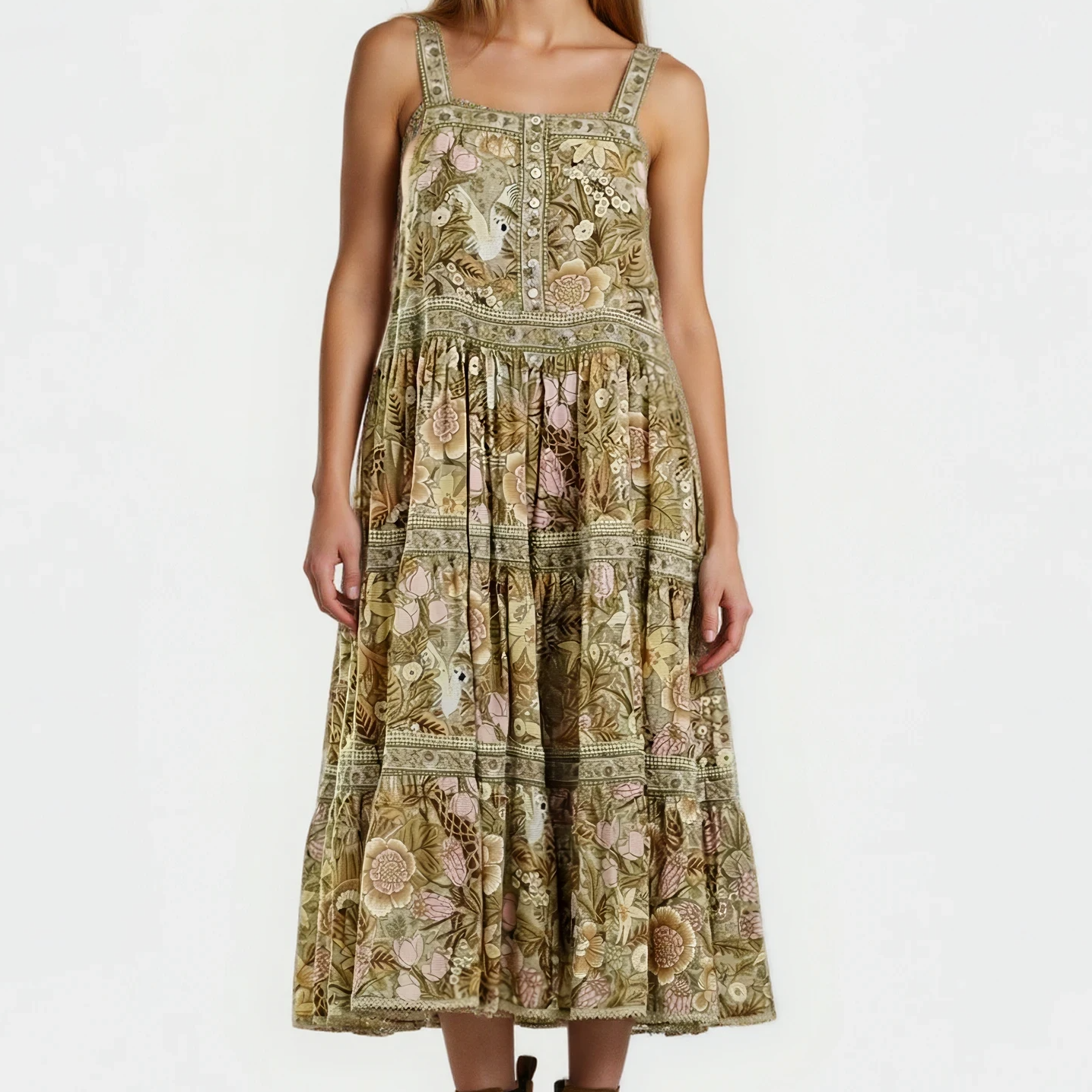 Model wearing Spell Jungle midi dress with botanical print and tiered skirt