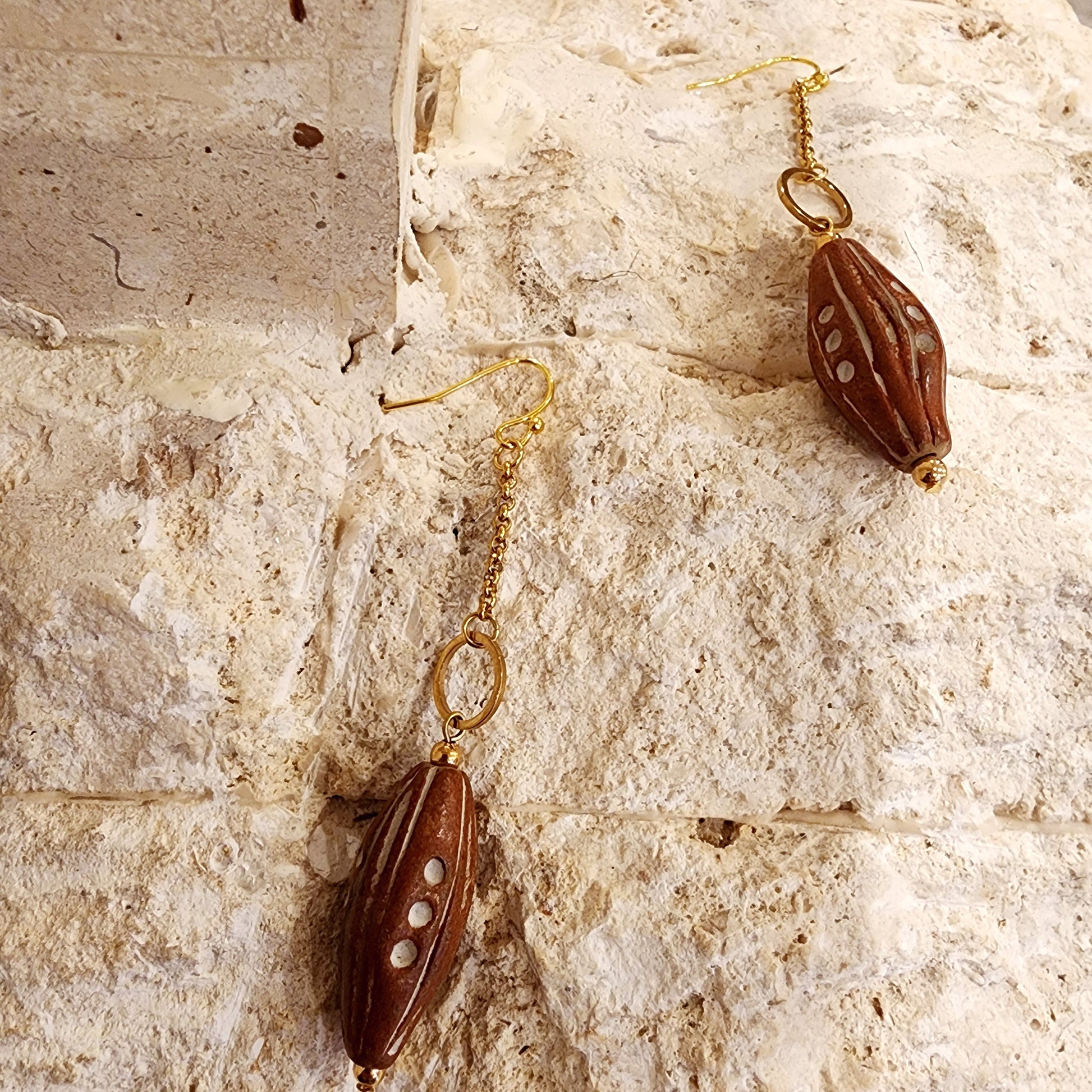Close-up of the textured recycled clay beads and gold-plated stainless steel components on The Ramblers earrings.