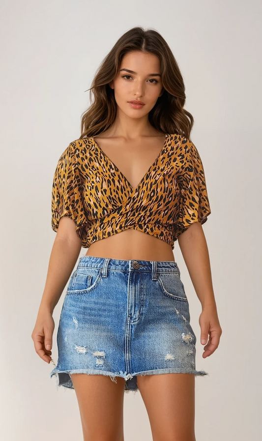 Tree of Life V-Neck crop top in a wrap style. Leopard print in 100% Rayon available online now at Wilson Avenue