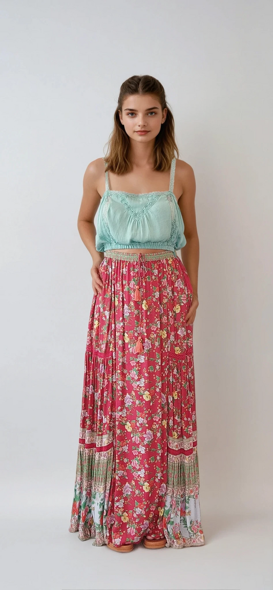 Tulle & Batiste red Rococo floral maxi skirt. Excellent like new condition in size medium available online at wilsonavenue.au