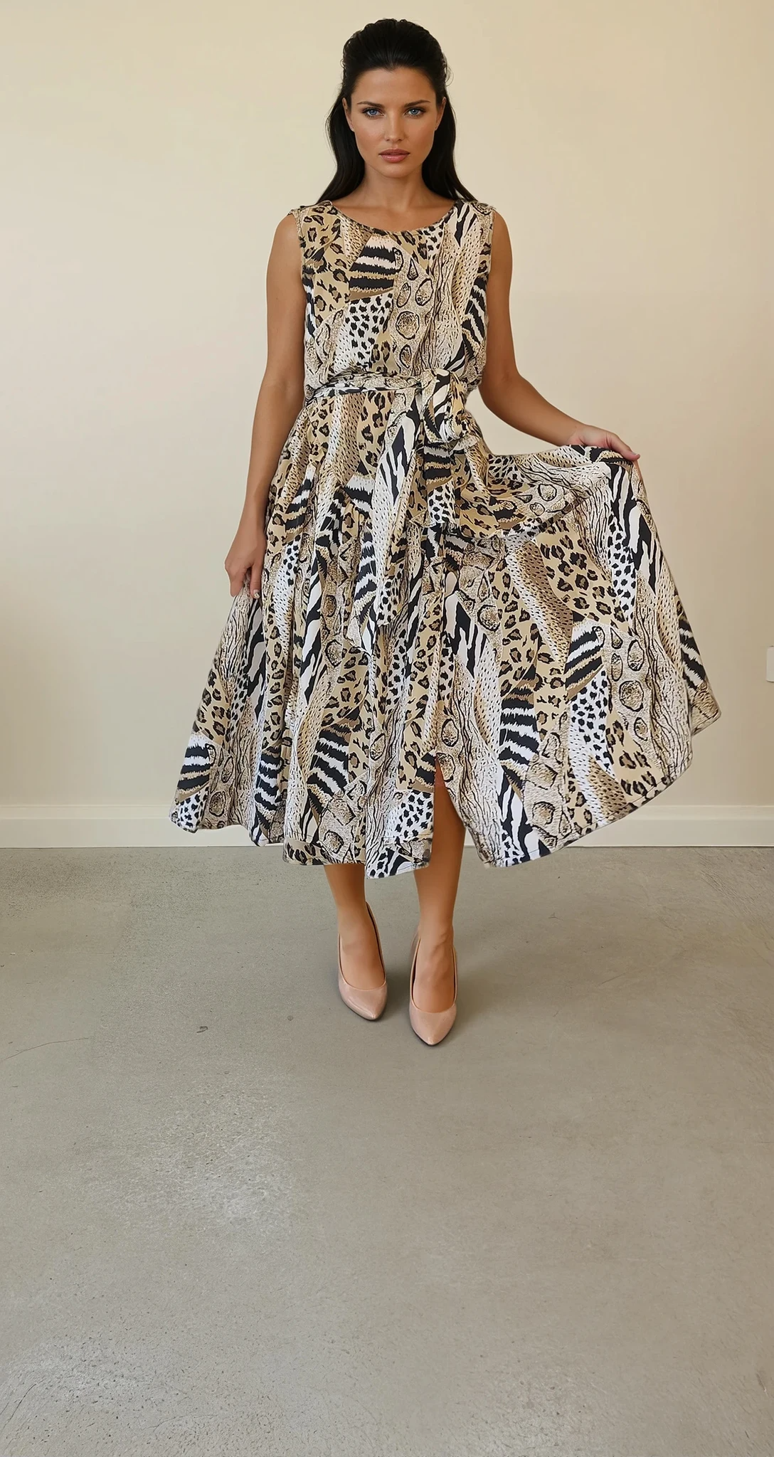 Front view of a model wearing a vintage 80s Sally Browne mixed animal print showing the flare of the skirt and the belt waist tie.