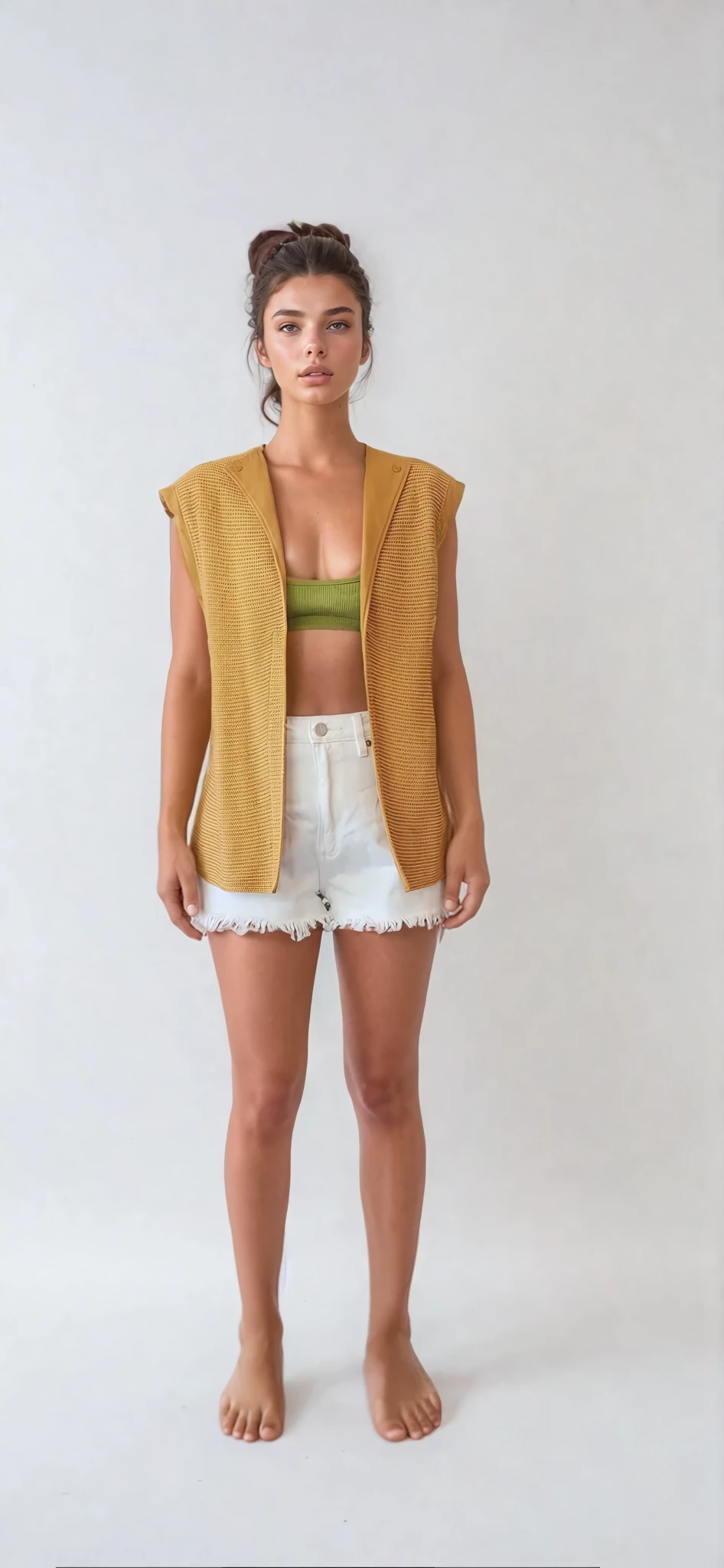 Front view of model wearing Vintage late 60's early 70's vintage, Ara Modell vest in mustard. Relaxed open front style vest.