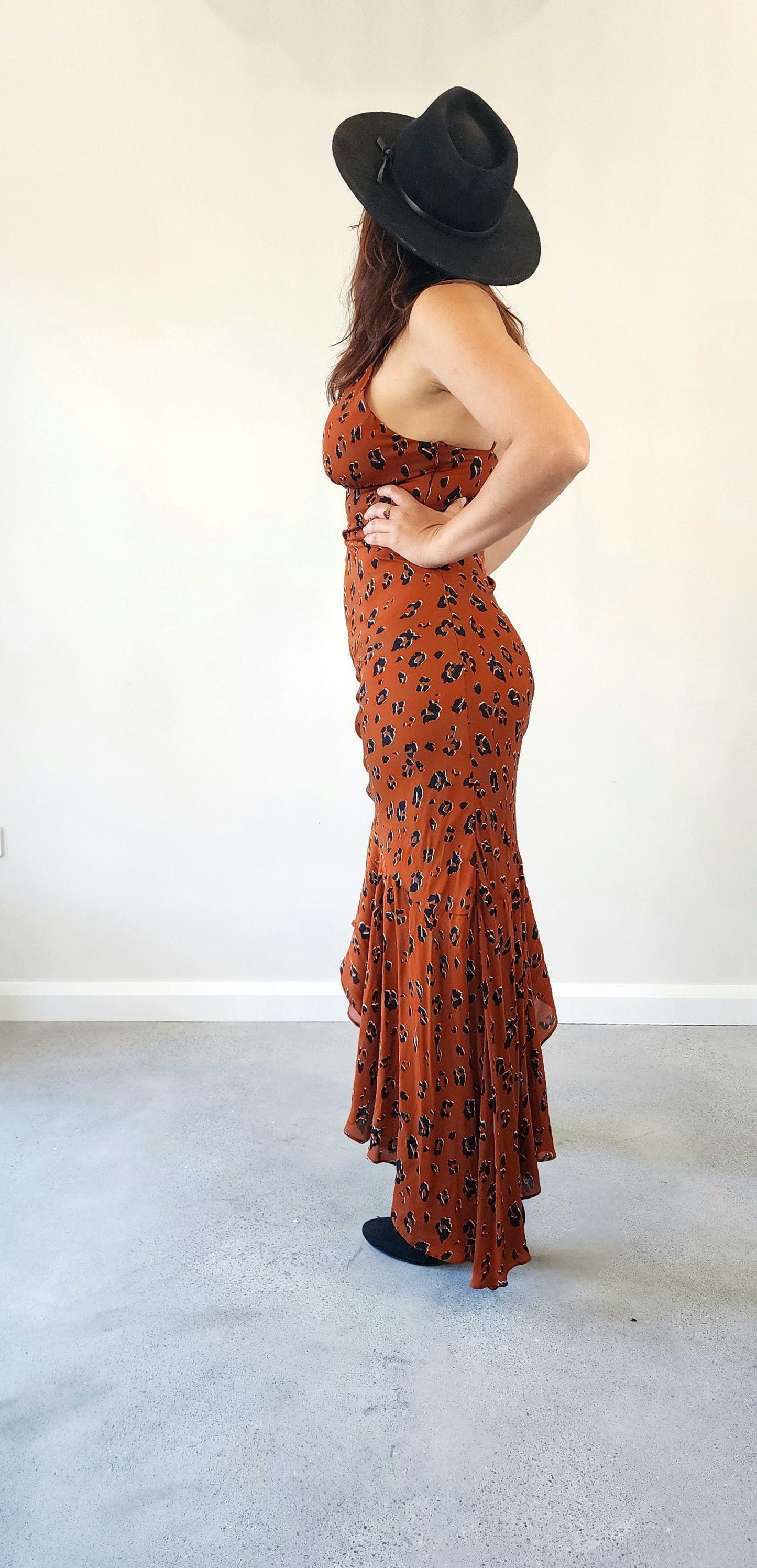 Secondhand leopard print silk dress by designer Nicholas. Size 12