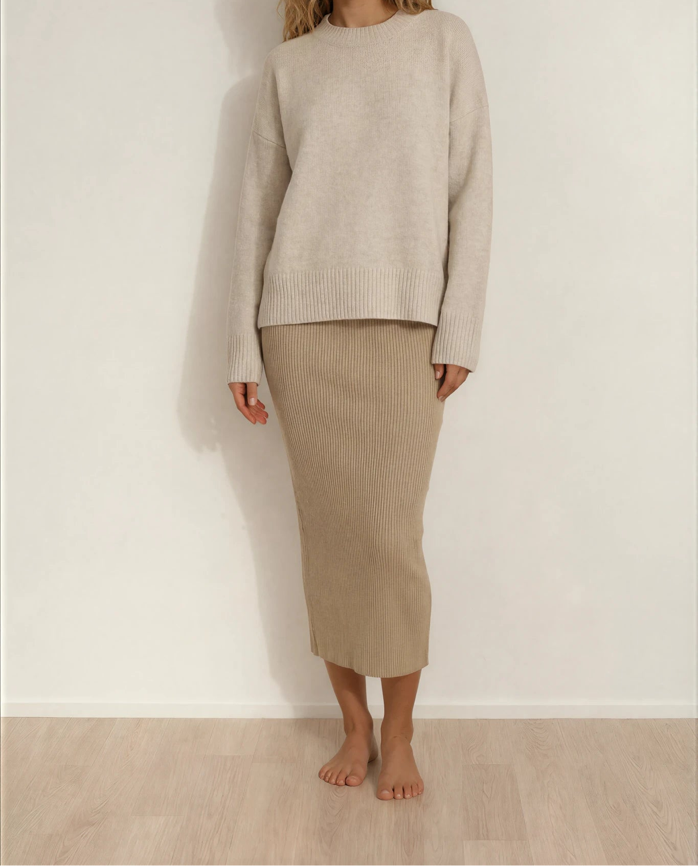 Model wearing the BAE ribbed midi skirt with cosy jumper