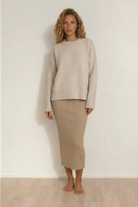 Model wearing the BAE ribbed midi skirt with cosy jumper