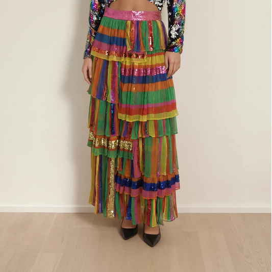 Model wearing the Bonita Collective, The Viviana sequin skirt, showing the colourful layers and sequins.