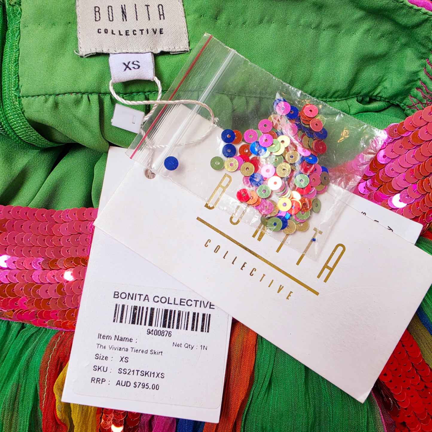 Bonita Collective Viviana skirt tags with spare sequins included
