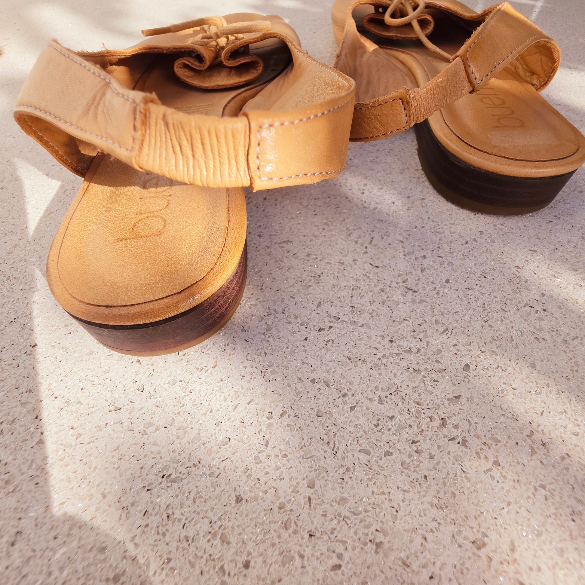 Bueno nude leather slingback sandals side view elastic strap detail