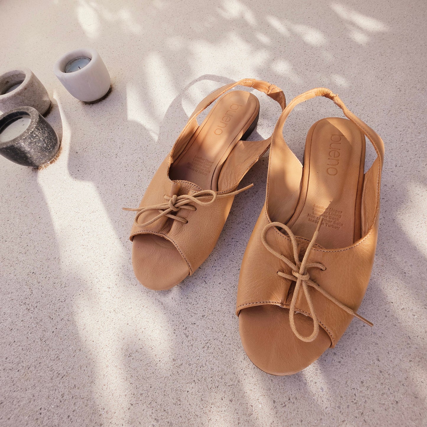 Bueno tan leather slingback sandals size 40 close angled view lace up front
