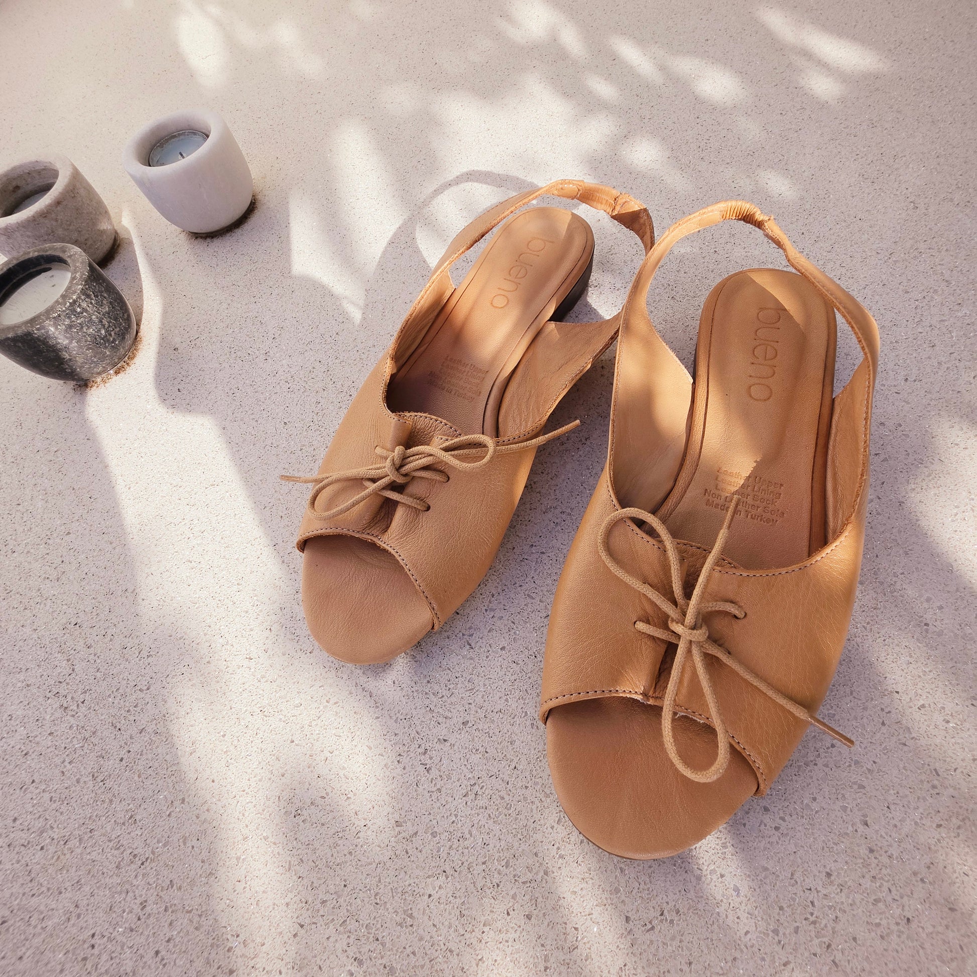 Bueno tan leather slingback sandals size 40 close angled view lace up front