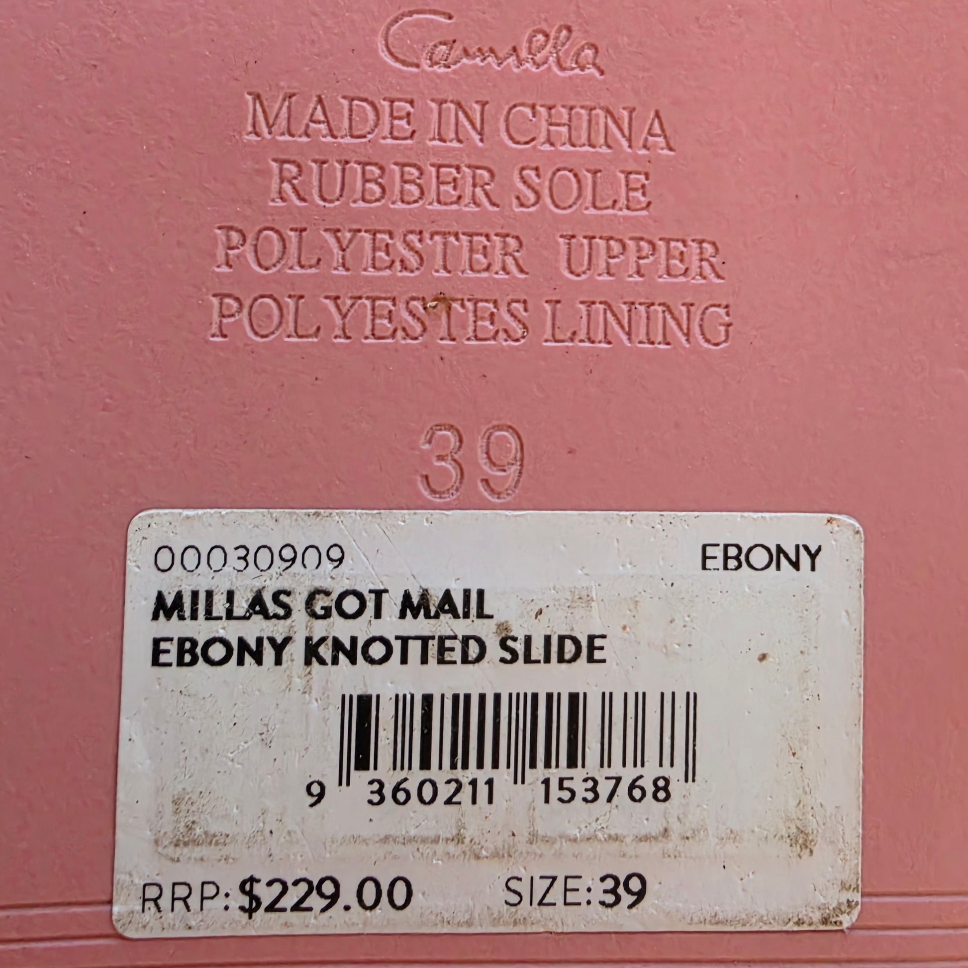 Camilla logo, size 39 and materials printed on the outer sole and soft pink colour of slides