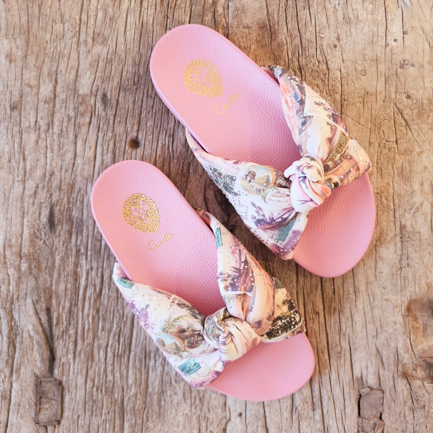 Pink Camilla Millas Got Mail knotted slides with printed upper and diamante detailing, top view