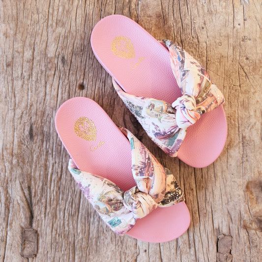 Pink Camilla Millas Got Mail knotted slides with printed upper and diamante detailing, top view